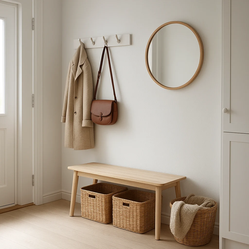 Liten hall i svensk stil med smart förvaring och ljus känsla