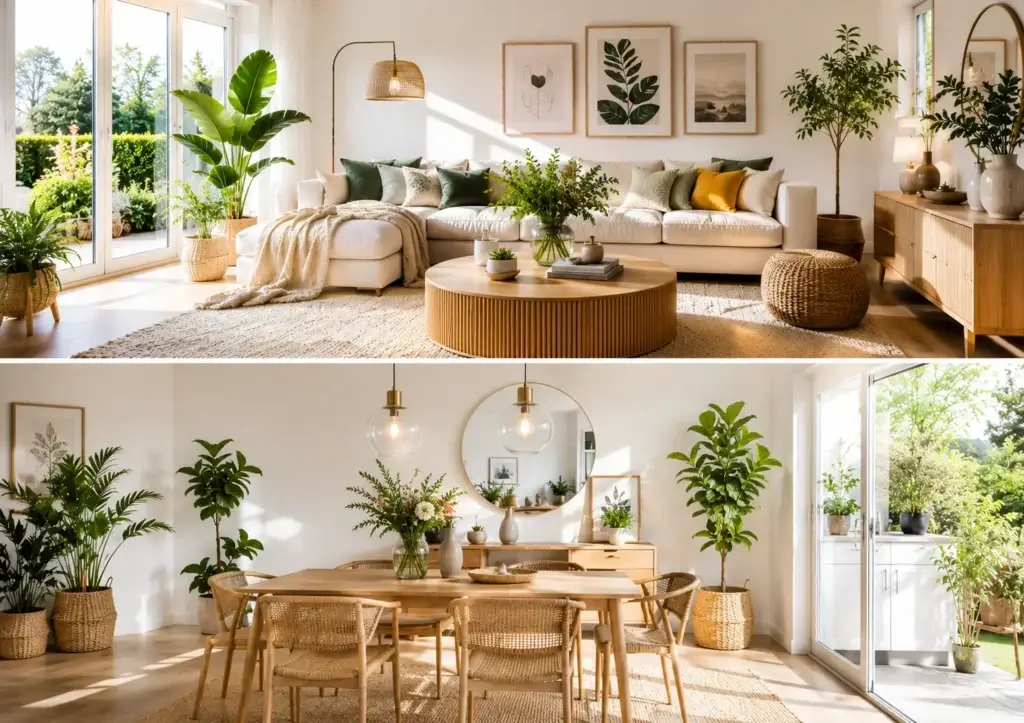 Tips & dekorationsråd för att förvandla ditt hem med stil 3 Ljust skandinaviskt vardagsrum med naturmaterial, gröna växter och stora fönster.