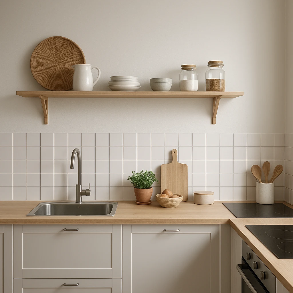 Öppen kökshylla och nymålad vägg som DIY för köket