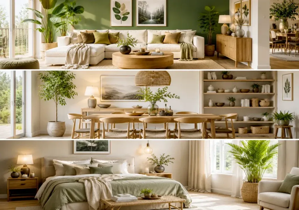 Tips & dekorationsråd för att förvandla ditt hem med stil 2 Skandinaviskt hem med vardagsrum, matplats och sovrum i ljusa naturtoner med gröna växter.