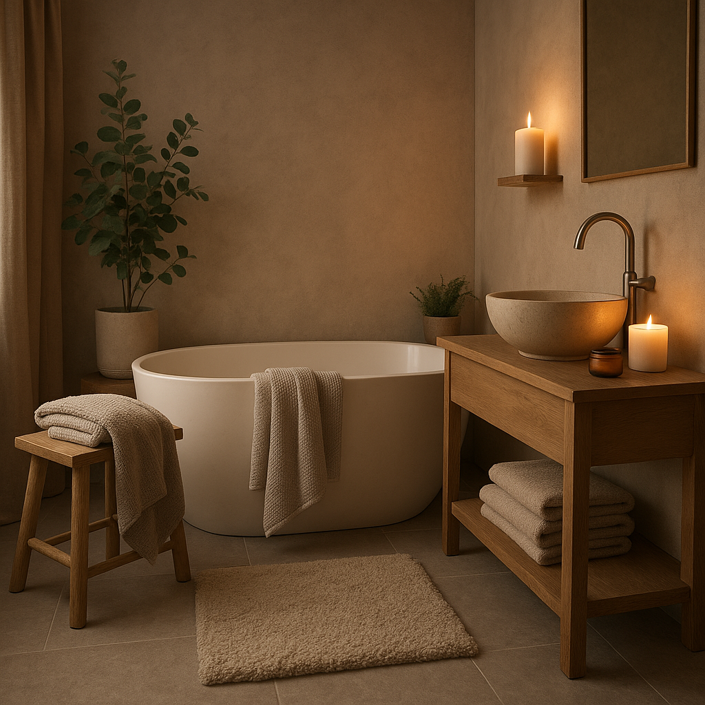 Spa-känsla i skandinaviskt badrum med varma naturmaterial