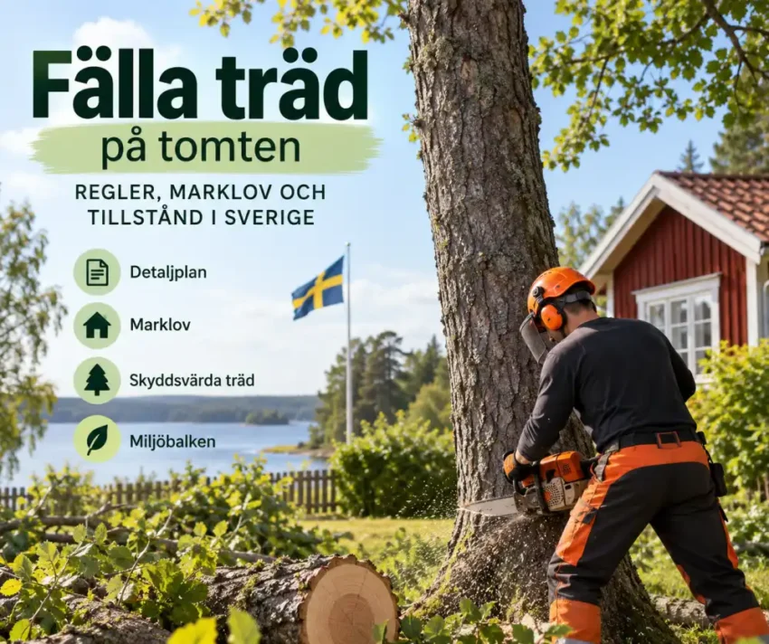 Fälla ett träd – regler, marklov och vad som gäller i Sverige 2 man i orange skyddsutrustning klipper ett stort trad bredvid hus vid sjon med svensk flagga