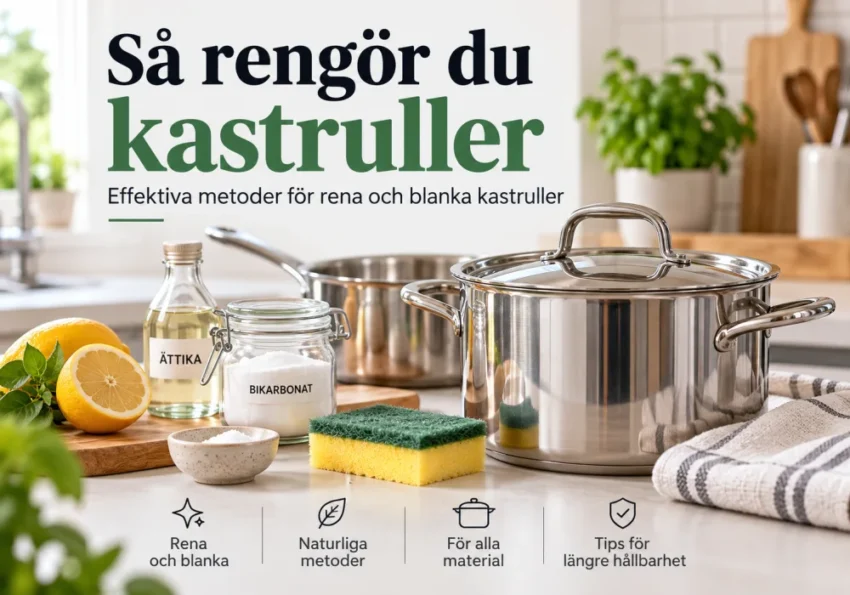 Så rengör du kastruller – effektiva metoder för rena och blanka kastruller 3 en stor rostfri kastrull med lock pa koksbanken, bredvid glasflaska attika och burk bikarbonat, citronhalvor och grona-vaxter i bakgrunden