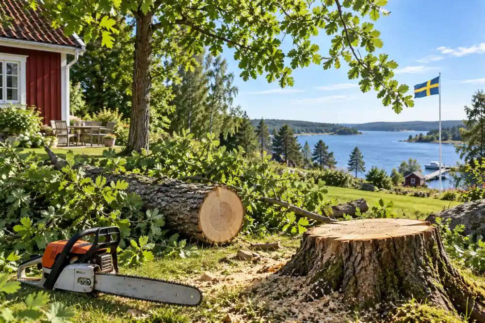 Pa forgrunden ligger tradstump och kedjesag samt kvistar. I bakgrunden syns ett rod trahus med uteplats och en bla sjo med flagga i vinden.