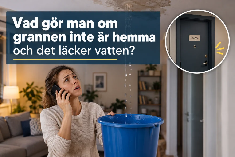 En kvinna i vardagsrummet pratar i telefon och vatten droppar fran taket ner i en bla hink.