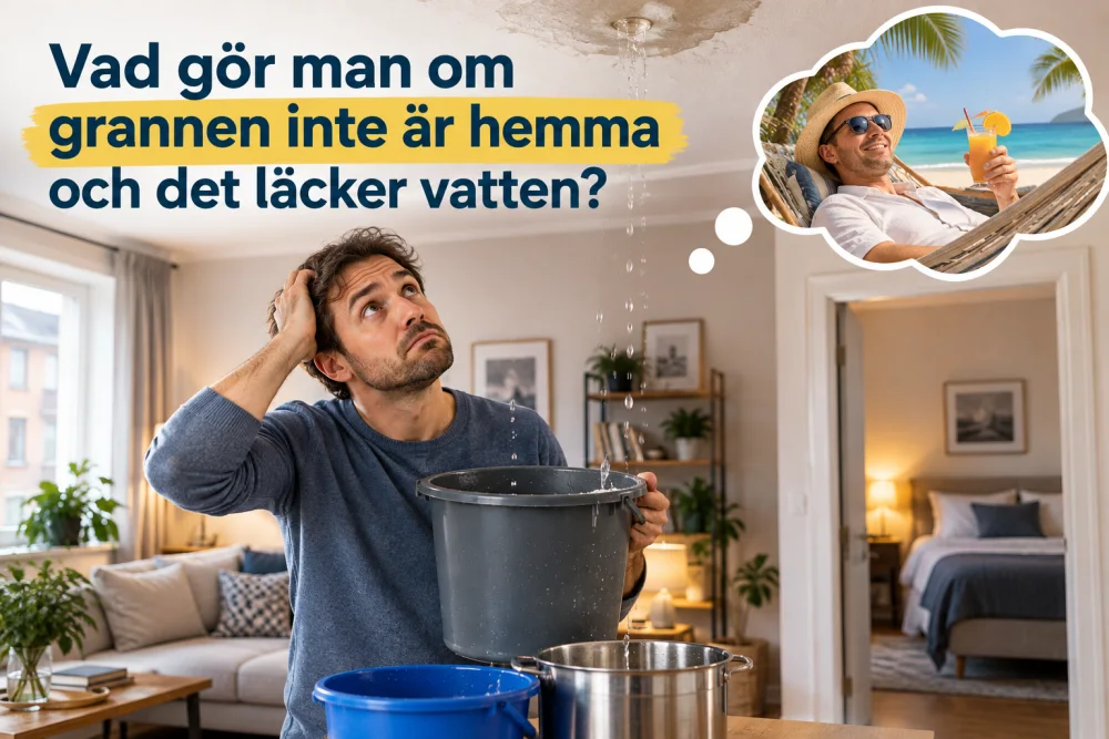 En man står i vardagsrum och tittar upp mot taket medan vatten droppar ner i en grå hink; tankebubbla visar en man på strand
