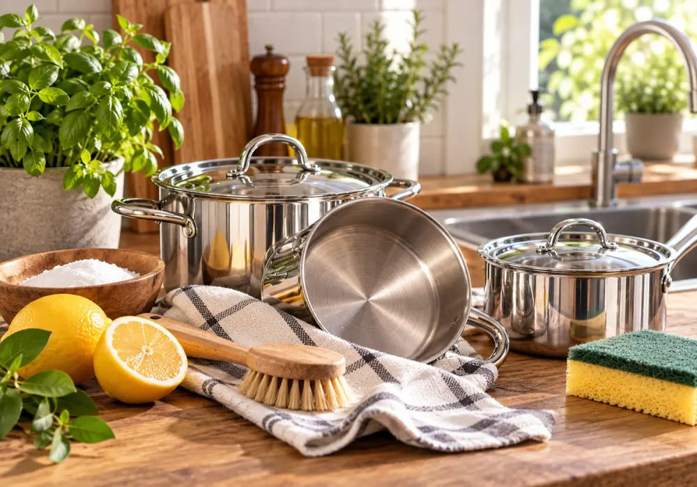En koksbanken med rostfria kastruller med lock, citroner, salt i skal, en borste och krukor med plantor i bakgrunden.